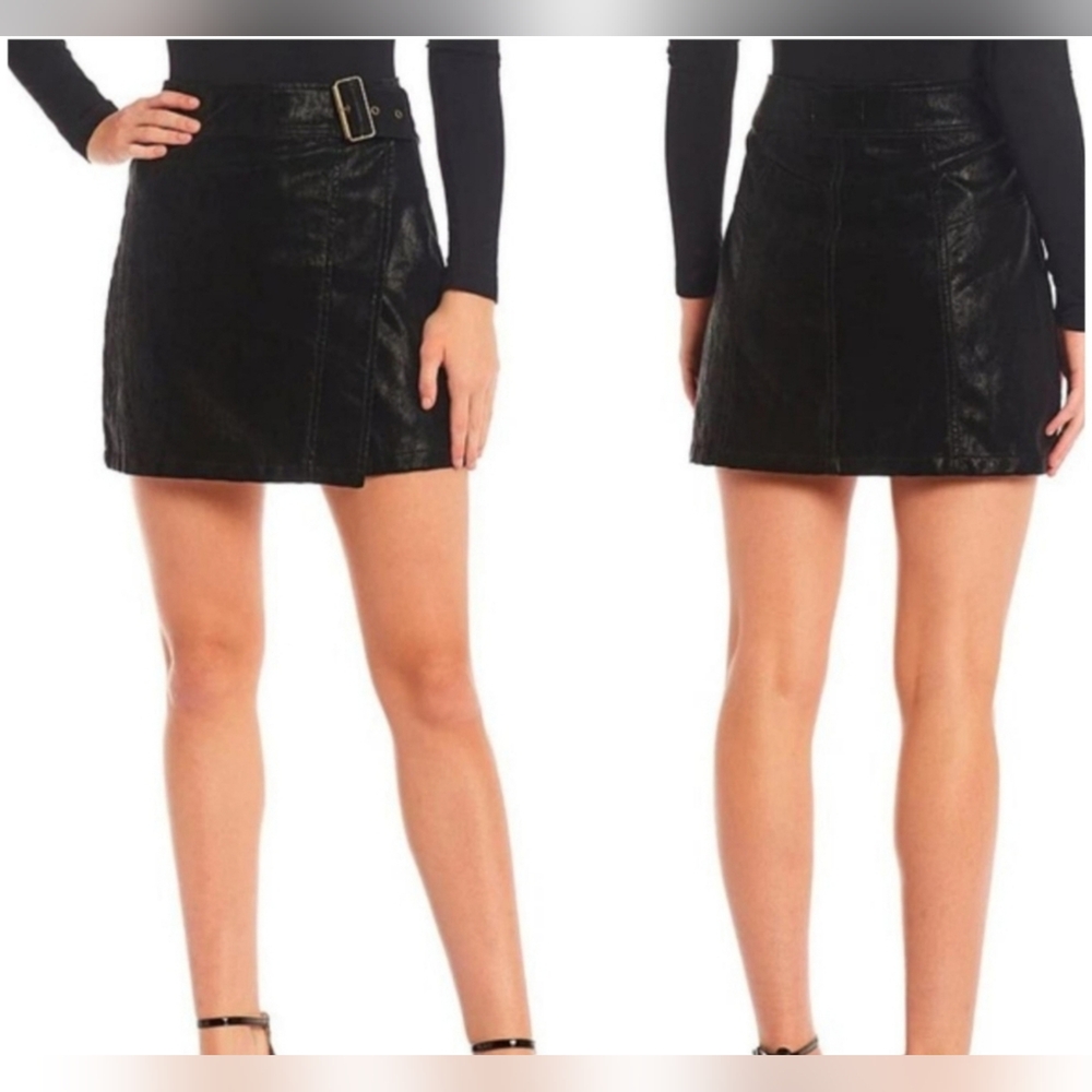 NWT CHELSEA & VIOLET Coated/Faux Black Leather Buckle Wrap Mini Skirt